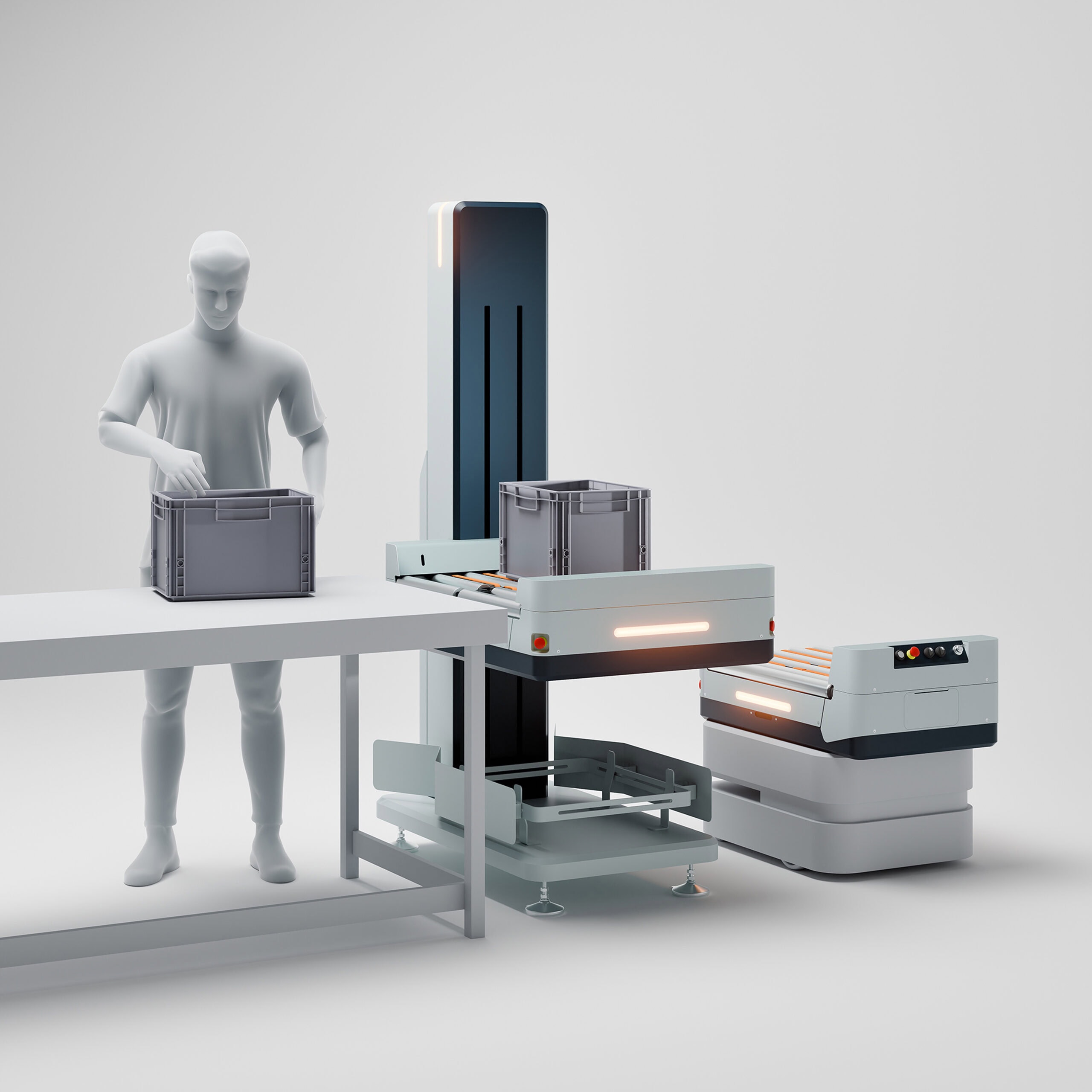 Human operator interacting with a workstation as MOVELI AMRs transfer plastic totes via conveyor modules