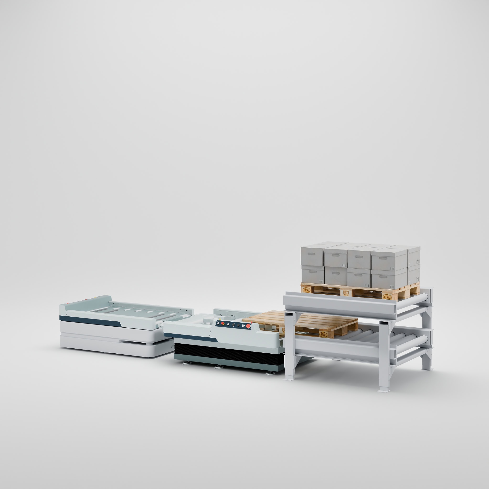 MOVELI AMR transferring a pallet load to a compact buffer conveyor station