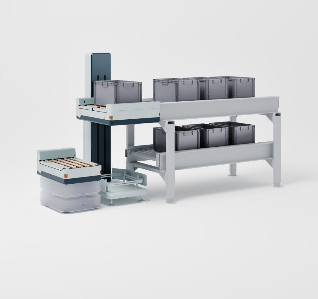 MOVELI AMR with lift module loading totes into a two-level buffer rack