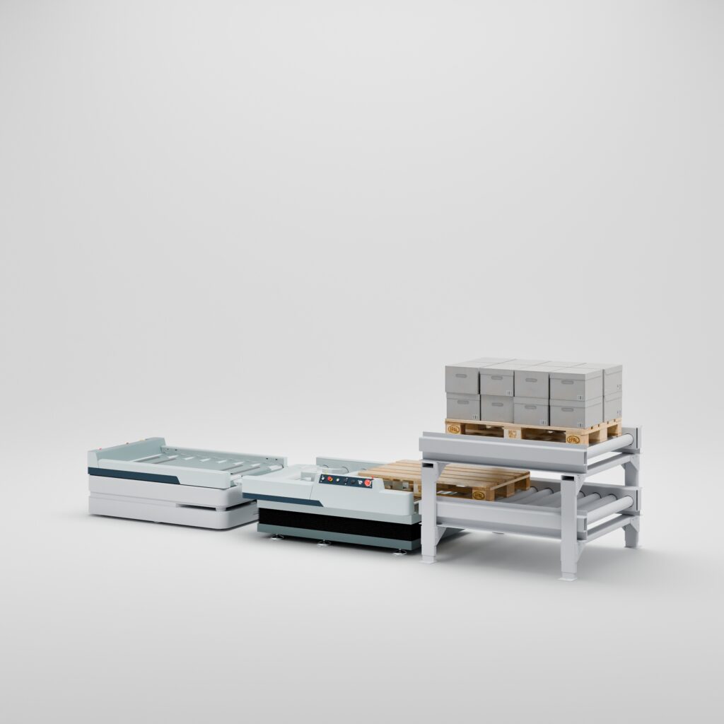 MOVELI AMR transferring a pallet load to a compact buffer conveyor station